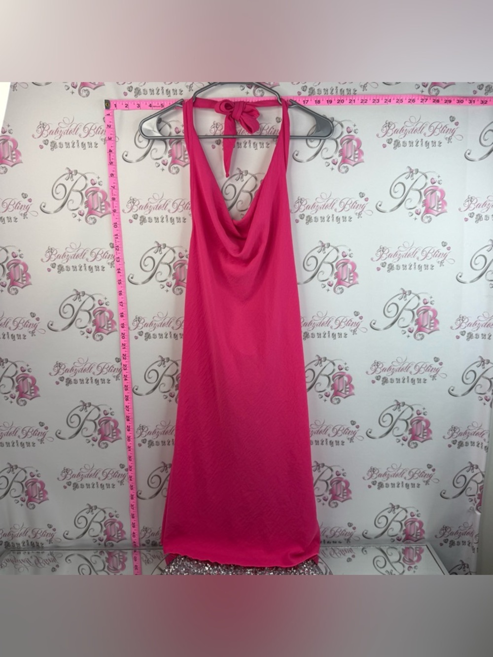 Jessica Simpson dress halter bright Hot Pink Halter Midi Dress cowl neckline